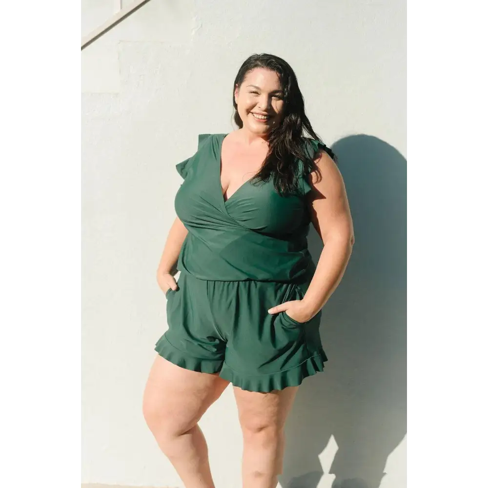 Teal Ruffled Deep V One-piece Swimsuit with Built-in Bra