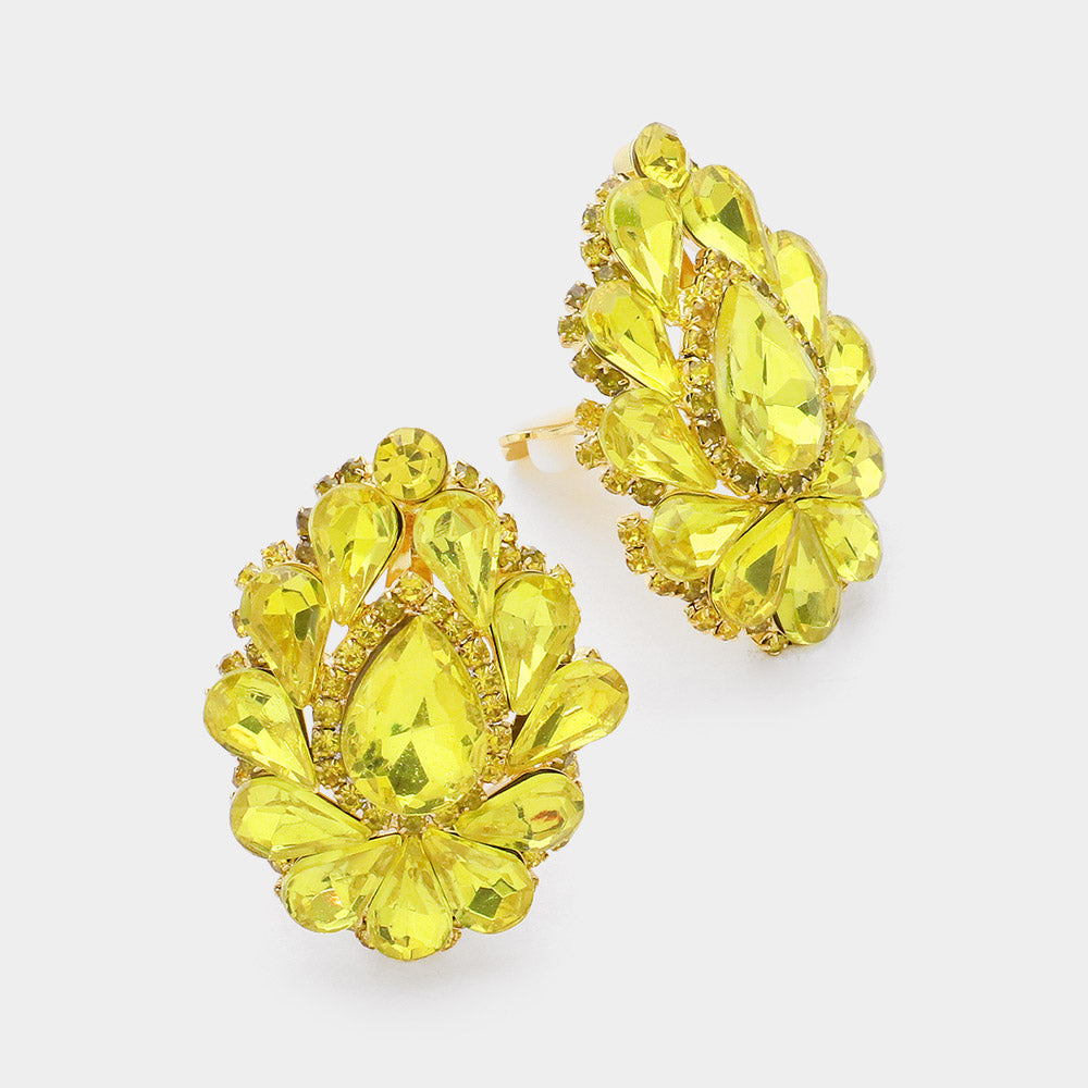 Teardrop Crystal Cluster Clip on Evening Earrings