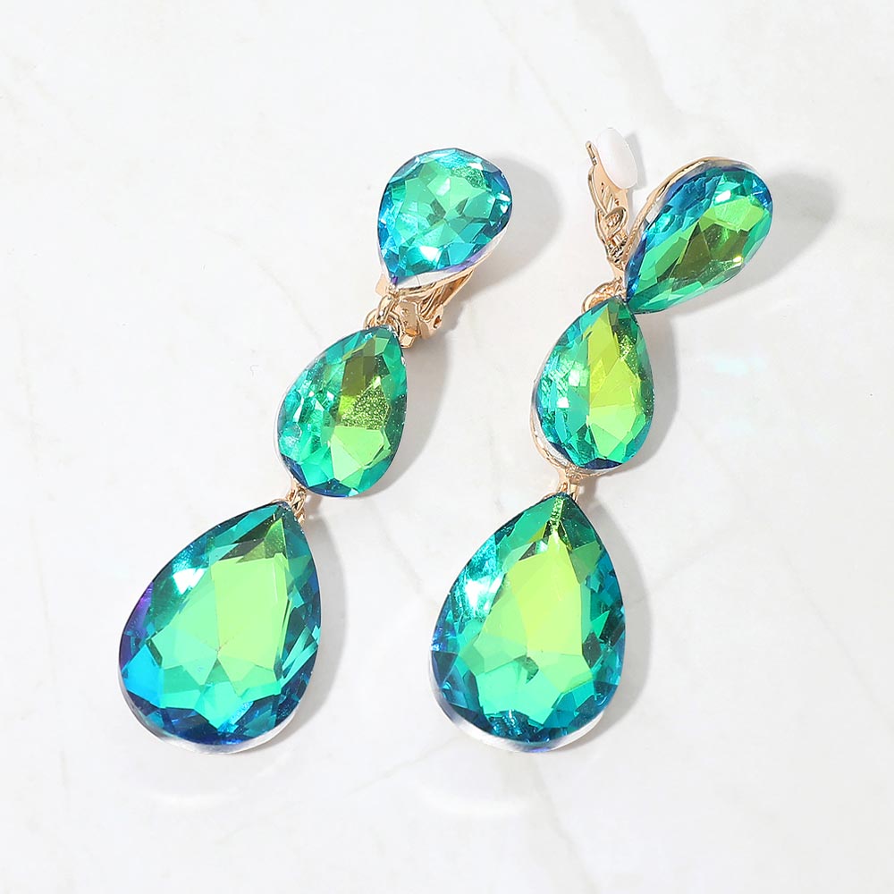 Teardrop Glass Crystal Drop Evening Clip On Earrings