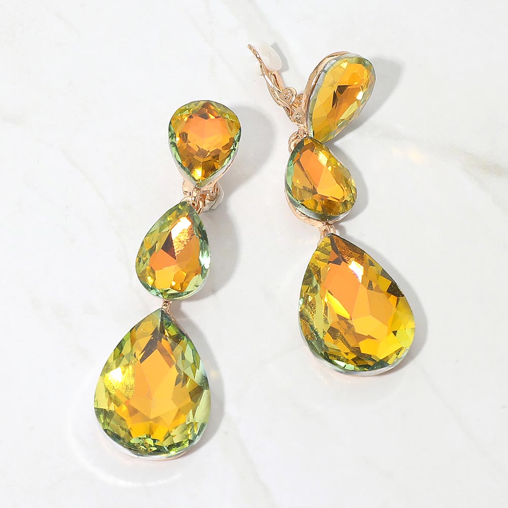 Teardrop Glass Crystal Drop Evening Clip On Earrings