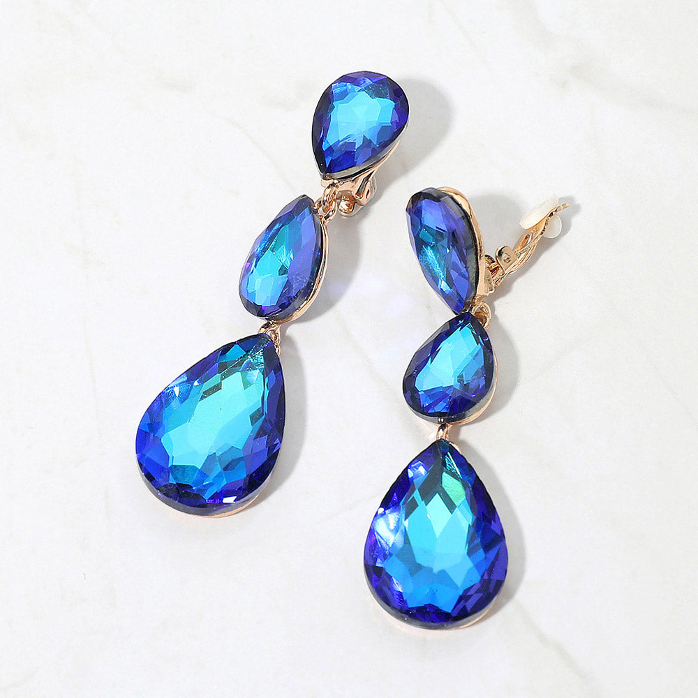 Teardrop Glass Crystal Drop Evening Clip On Earrings