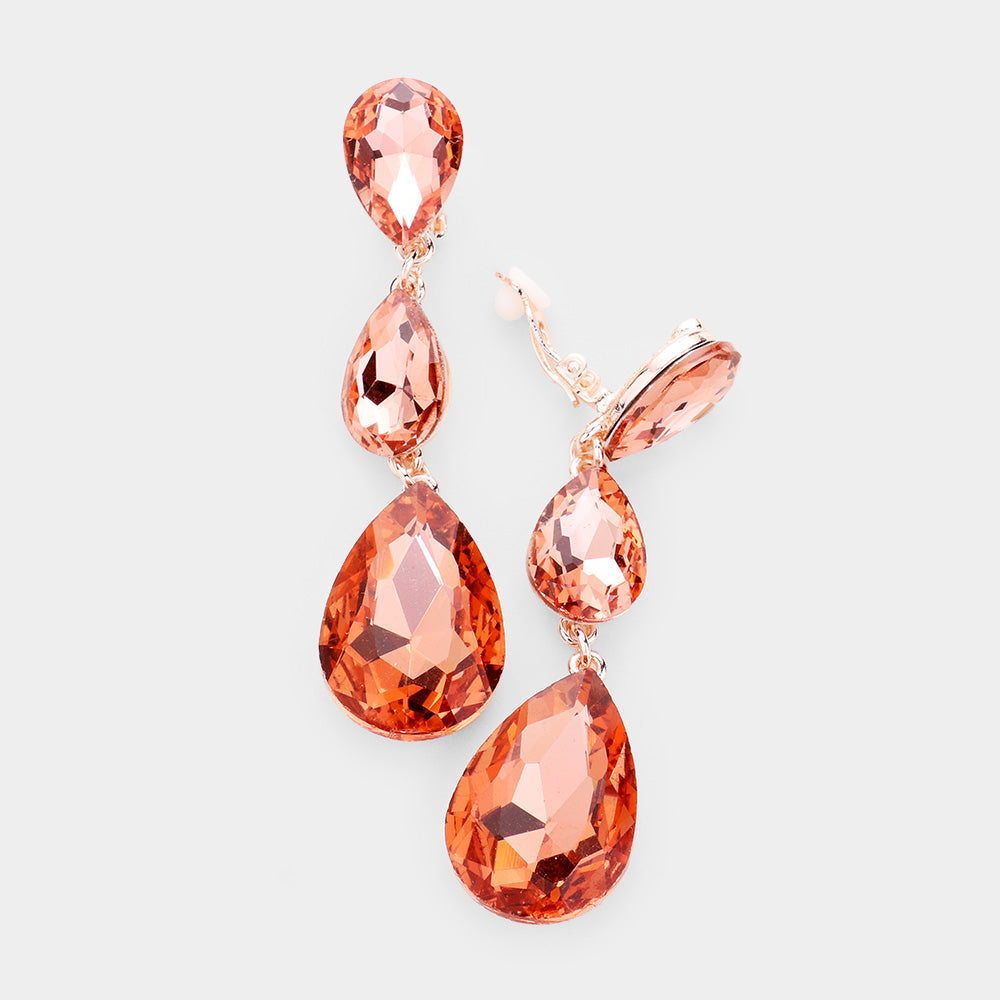 Teardrop Glass Crystal Drop Evening Clip On Earrings