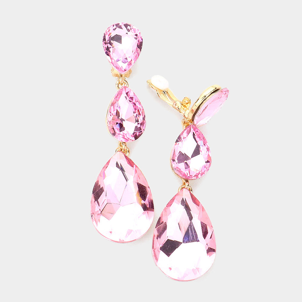 Teardrop Glass Crystal Drop Evening Clip On Earrings