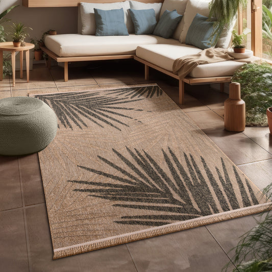 In- & Outdoor Rug Cologne with Modern Leaf Design in Beige-0