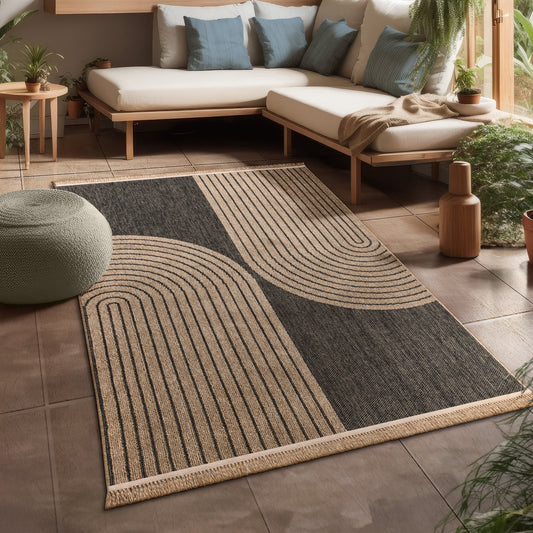 In- & Outdoor Rug Cologne with Modern Lines Design in Beige Black-0