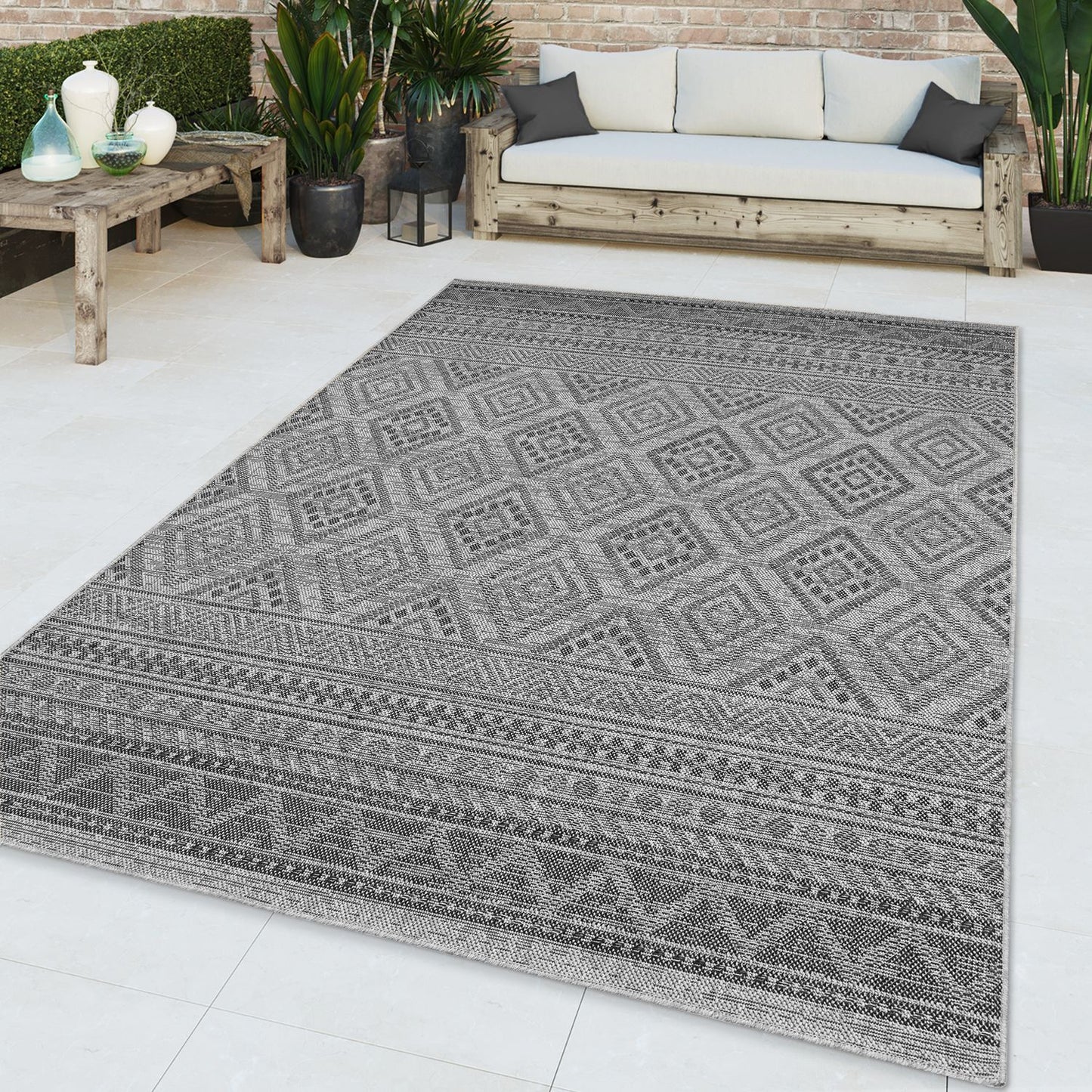 Outdoor Rug Vermont Boho Diamond Pattern - Dark Grey-4