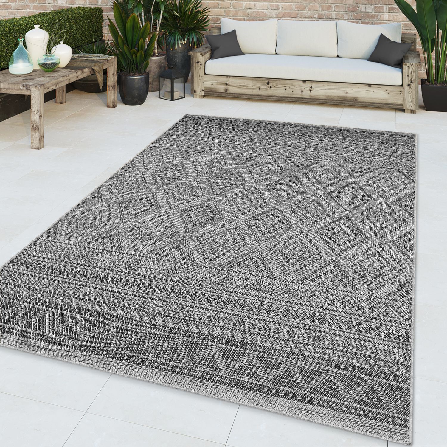 Outdoor Rug Vermont Boho Diamond Pattern - Dark Grey-4