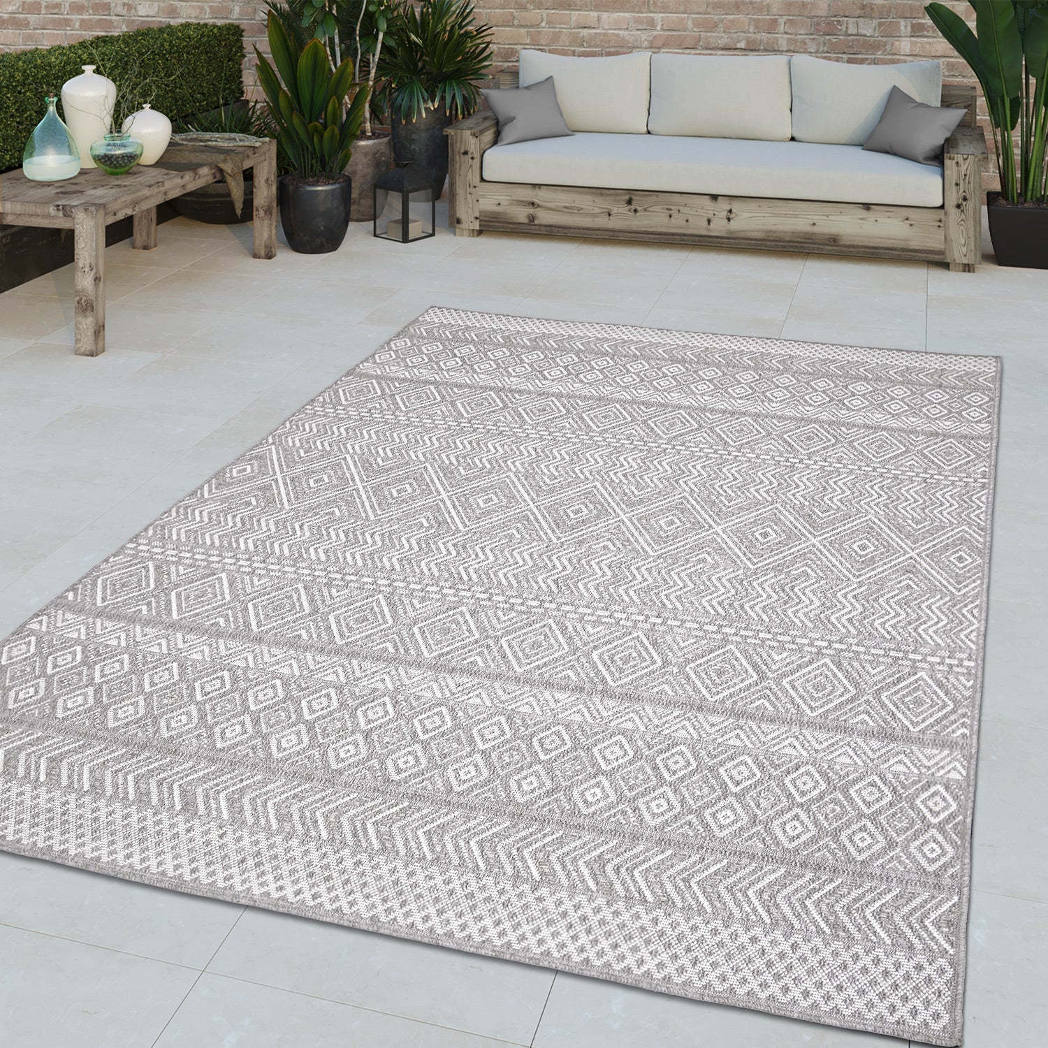 Outdoor Rug Vermont Stain-Resistant with Boho Pattern in Grey-4