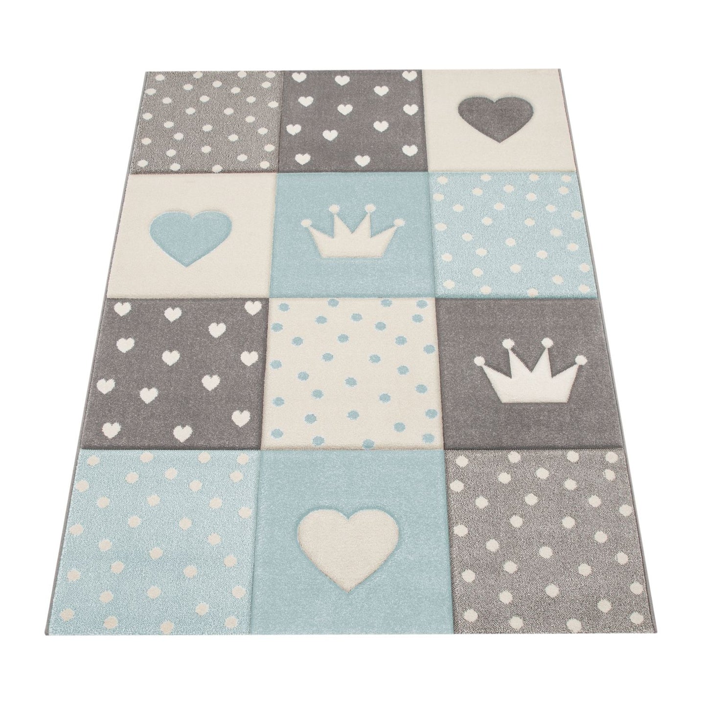 Kids Rug Checked Dots Hearts & Crowns in Pastel Blue Grey-4