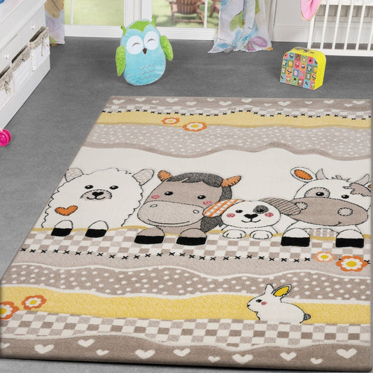 Kids Rug with Charming Farm Animals Patchwork in Beige Cream-0