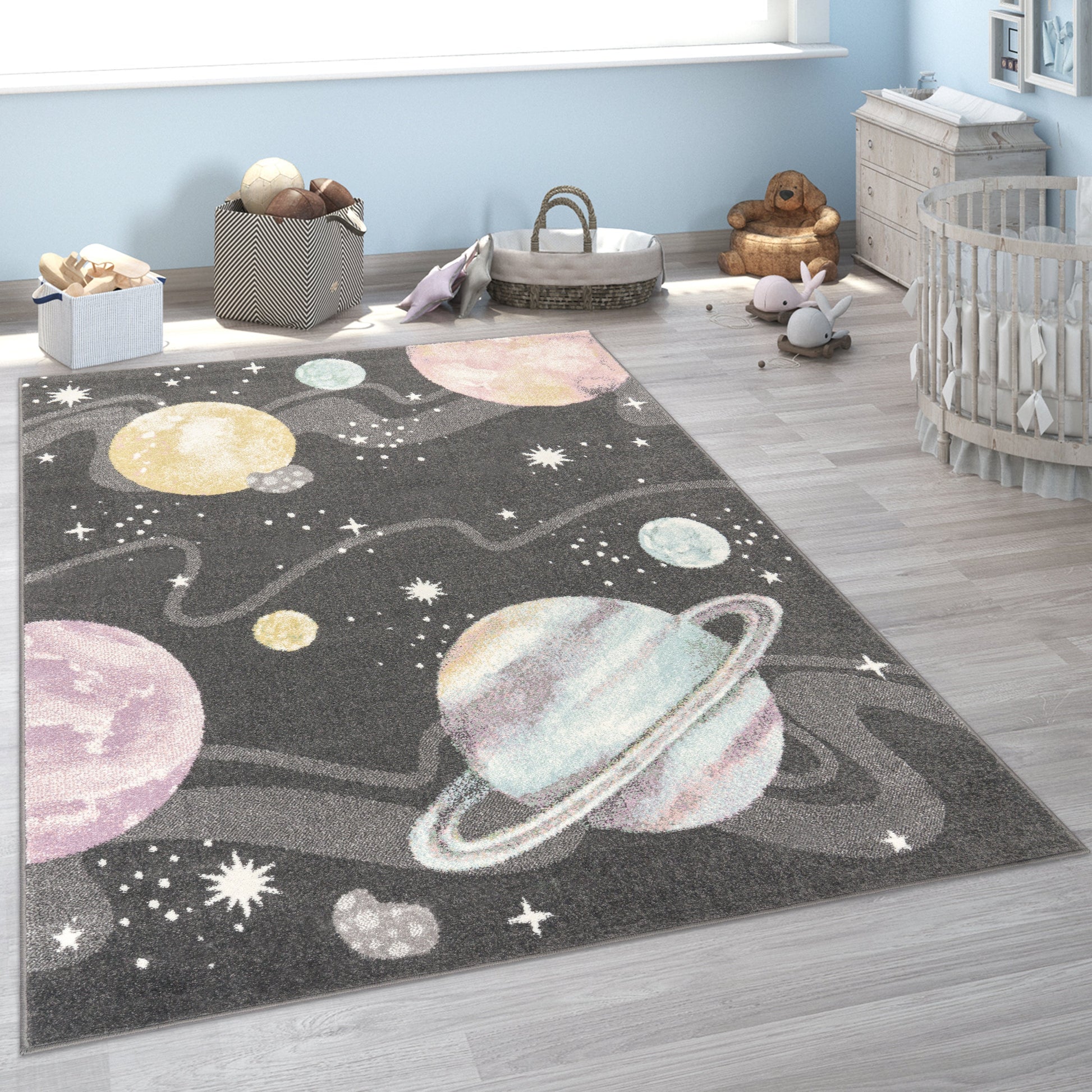 Kids Rug Nino Space with pastel colored Planets Stars in Anthracite-4