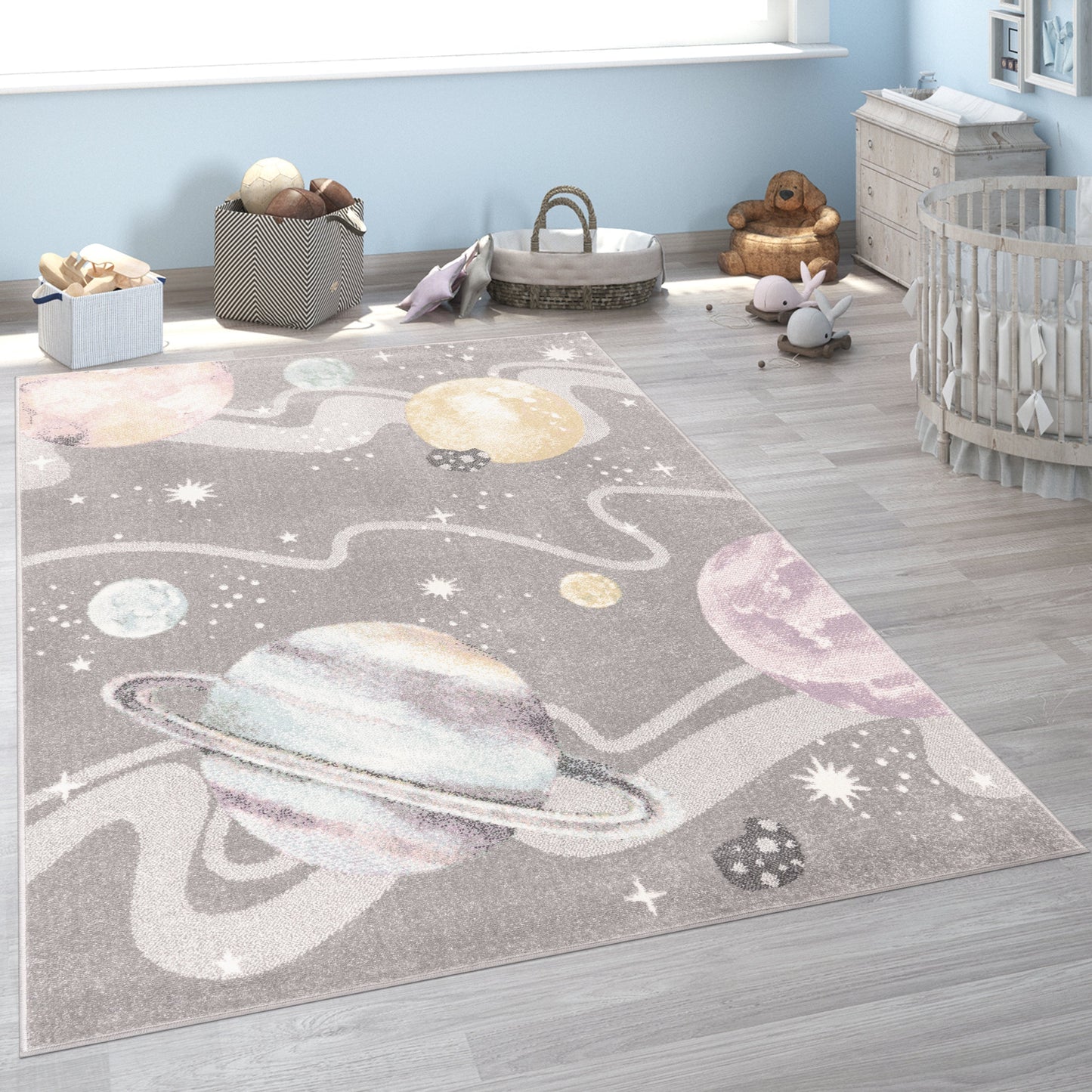 Kids Rug Nino Space with pastel colored Planets and Stars in Grey-4