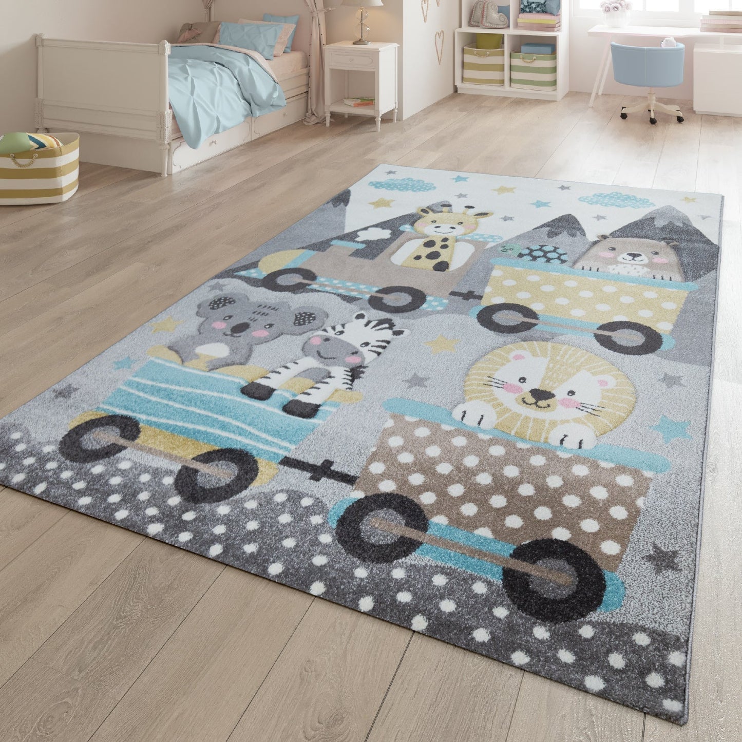 Kids Rug Elaya for Nursery Cute Animals on a Train in Pastel Grey-3
