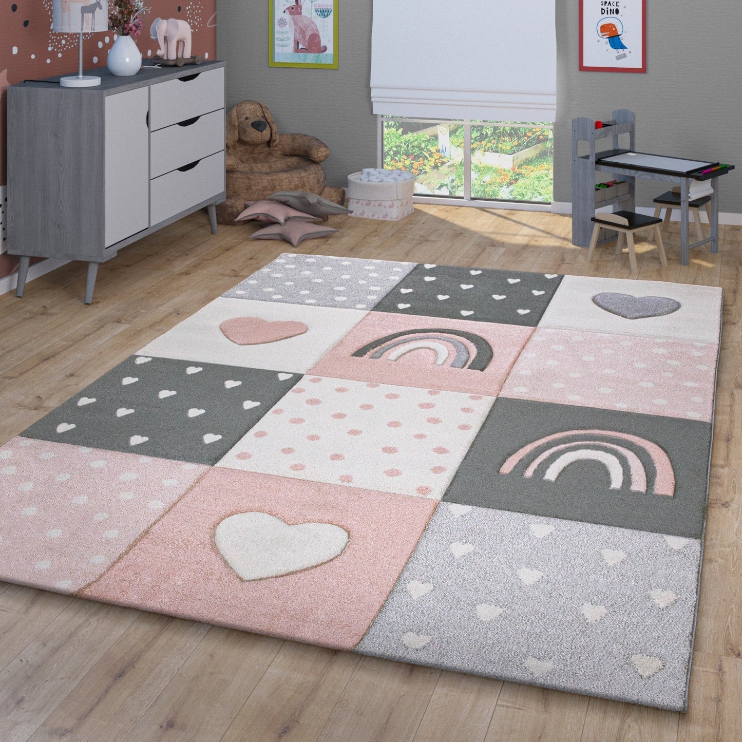 Kids Rug Cosmo Checkered with Rainbows & Hearts - Pink White-4