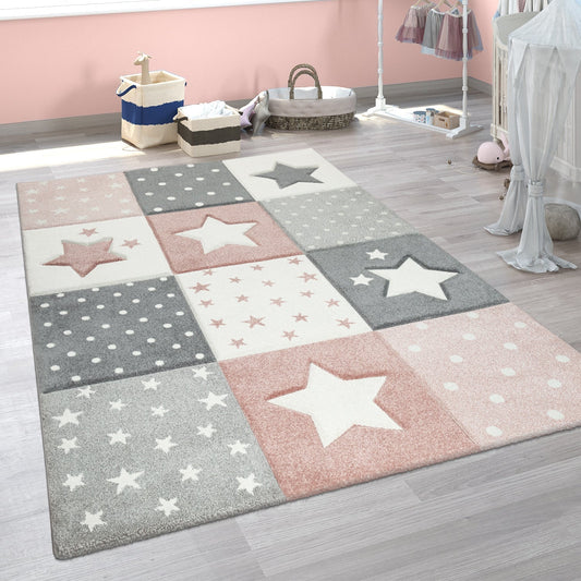 Nursery Rug Cosmo Checkered with Stars in Pastel Pink White-0