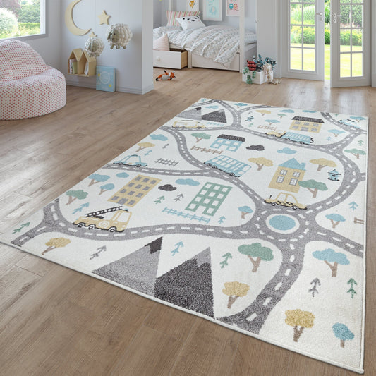Nursery Rug Nino with Town Streets and Cars Motif in Pastel Colors-0