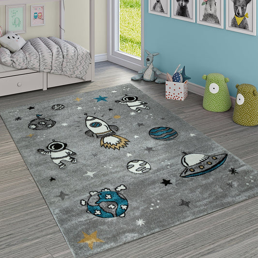 Space Rug for Kids with Astronauts & Rockets in Grey-0