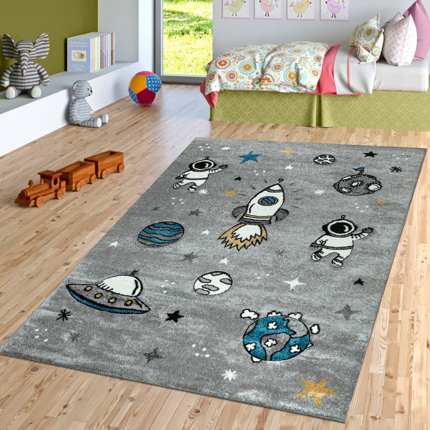 Space Rug for Kids with Astronauts & Rockets in Grey-3