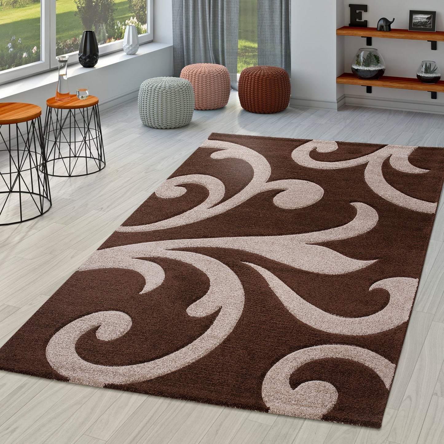 Area Rug Lafleur Modern Floral Pattern with Contour Cut - Brown-0