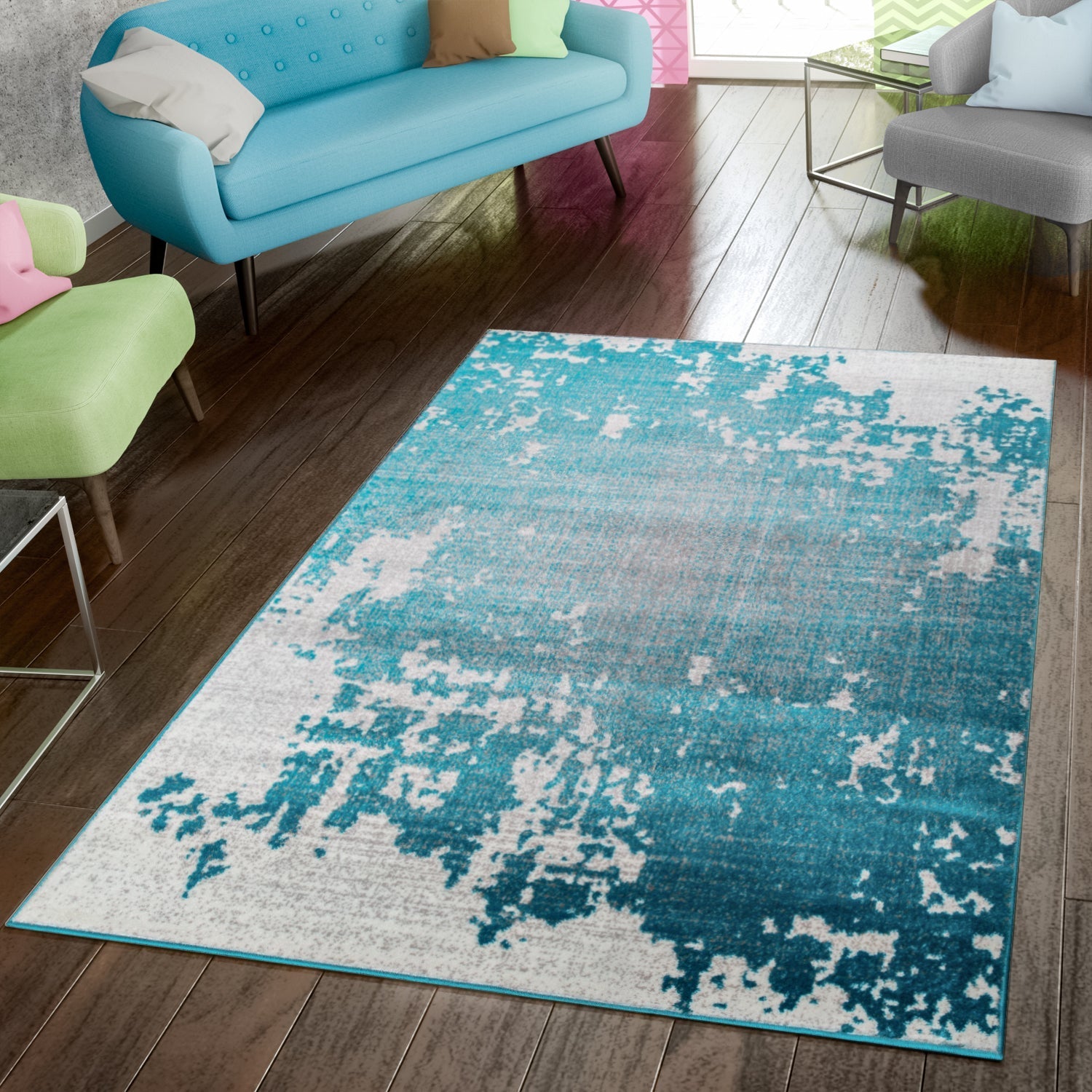 Abstract Area Rug Splash with Used Look in Turquiose Cream-0