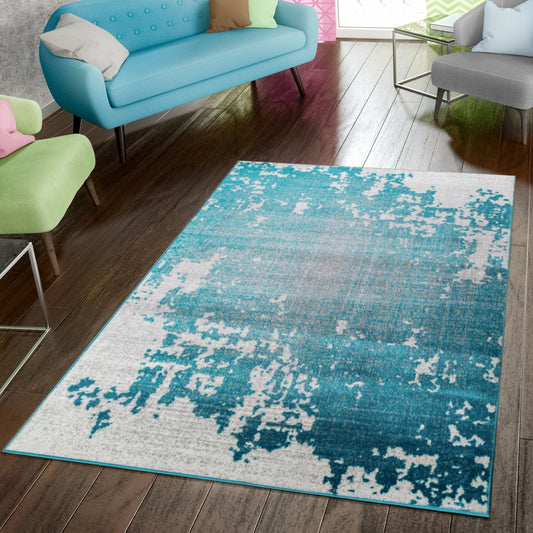 Abstract Area Rug Splash with Used Look in Turquiose Cream-0