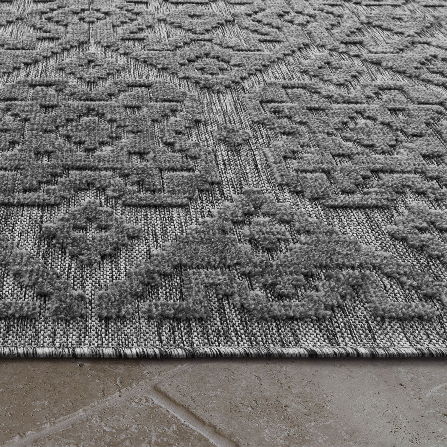 In- & Outdoor Rug Marrakesh High-Low Diamond Effect Pattern Anthracite-2