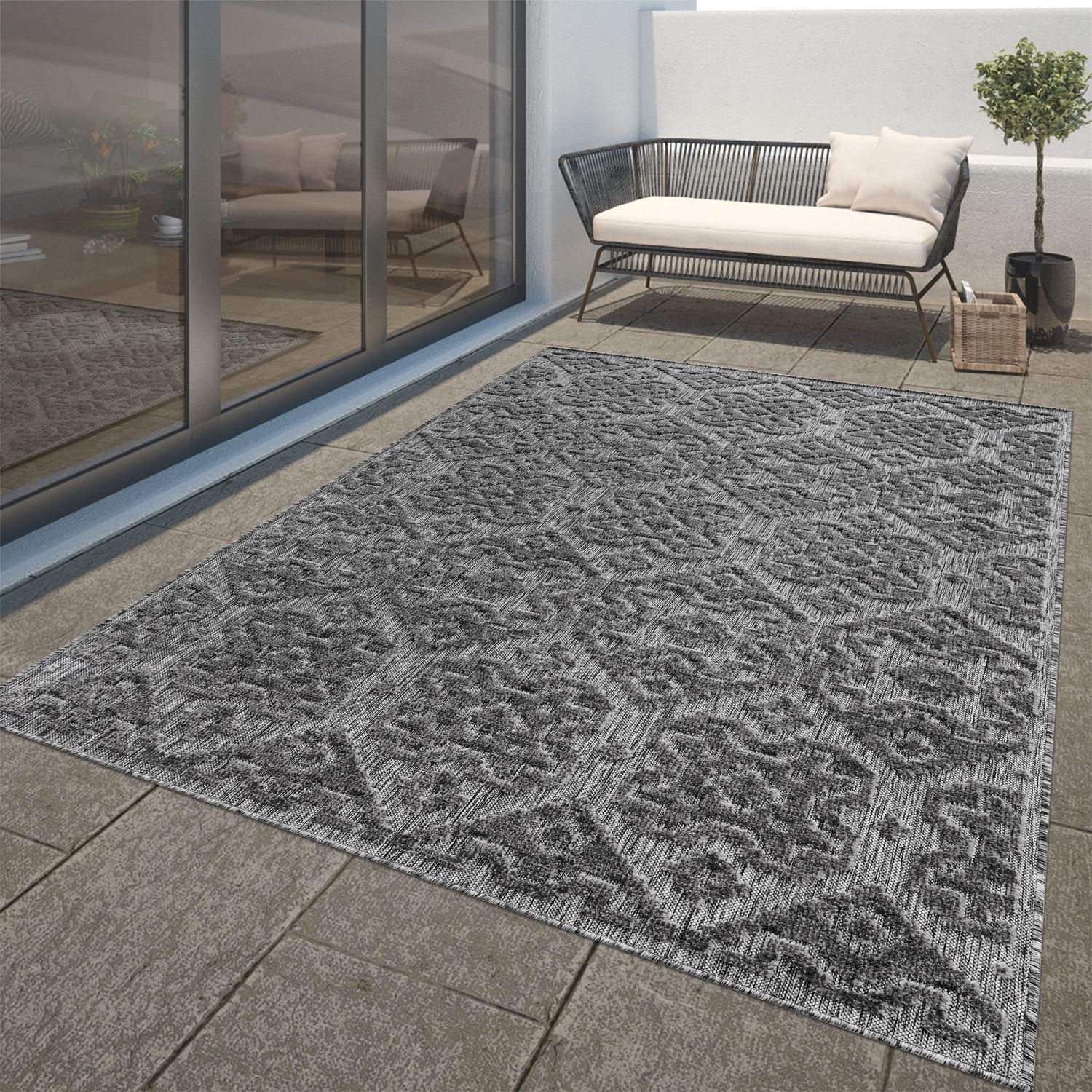 In- & Outdoor Rug Marrakesh High-Low Diamond Effect Pattern Anthracite-0