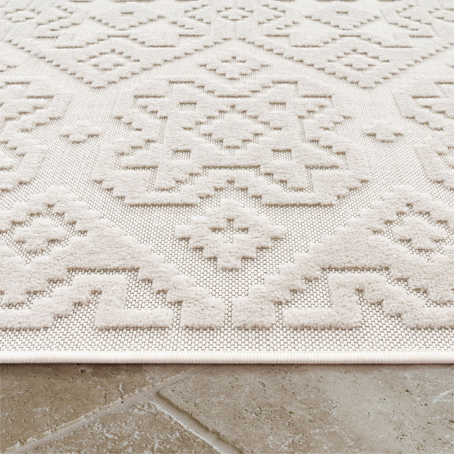 In- & Outdoor Rug Marrakesh High-Low Diamond Effect Pattern Cream-2