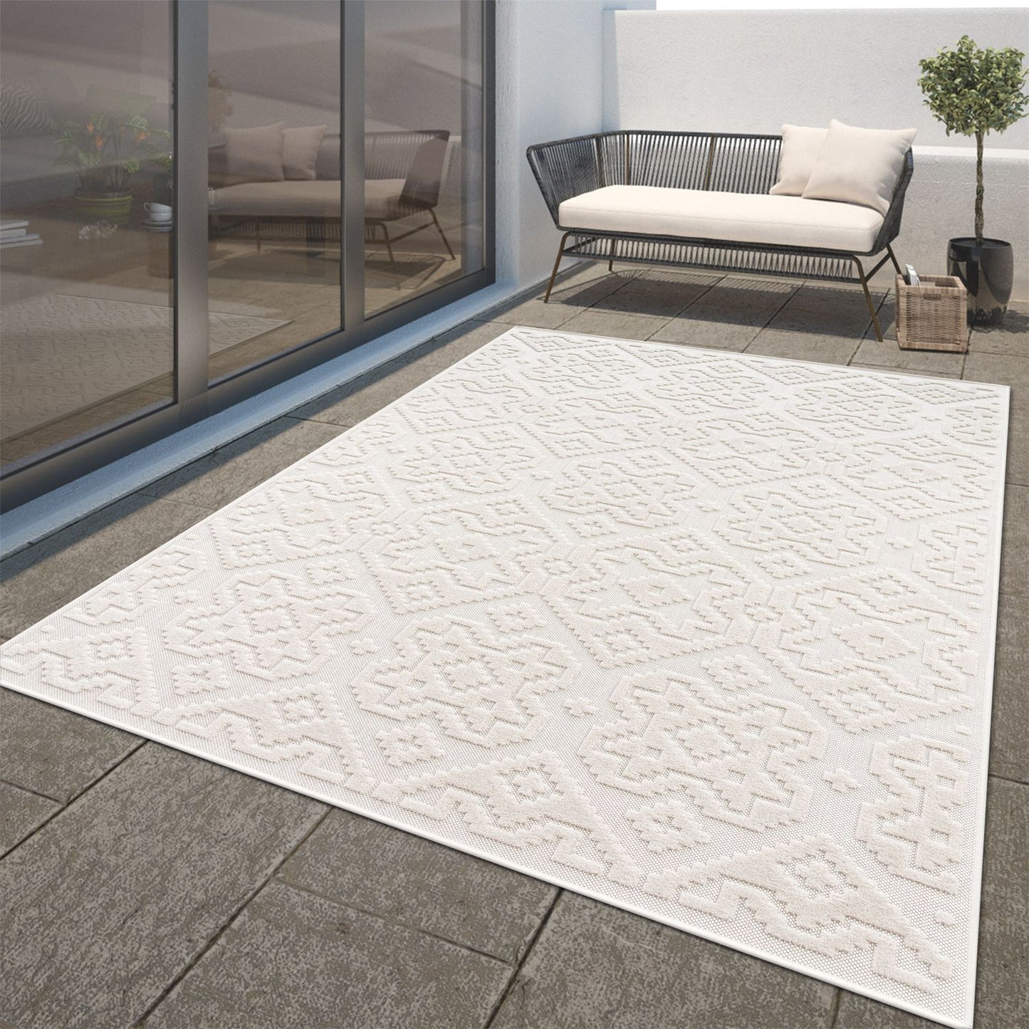 In- & Outdoor Rug Marrakesh High-Low Diamond Effect Pattern Cream-0