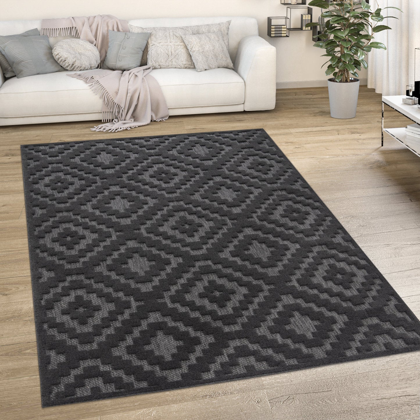 Indoor Outdoor Rug Livorno Trellis High-Low Pattern In Anthracite-4