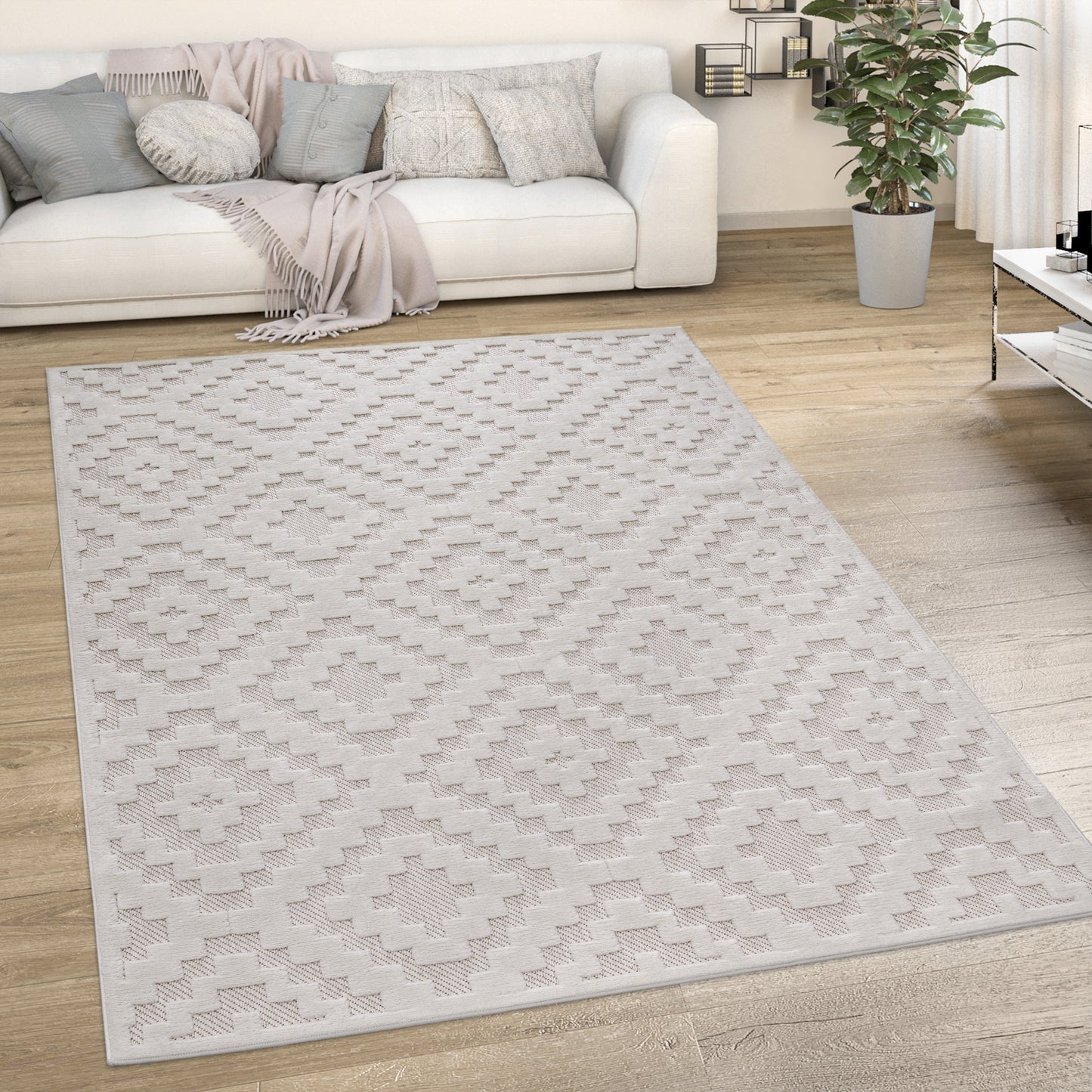 Indoor Outdoor Rug Livorno Trellis High-Low Pattern In Cream-4