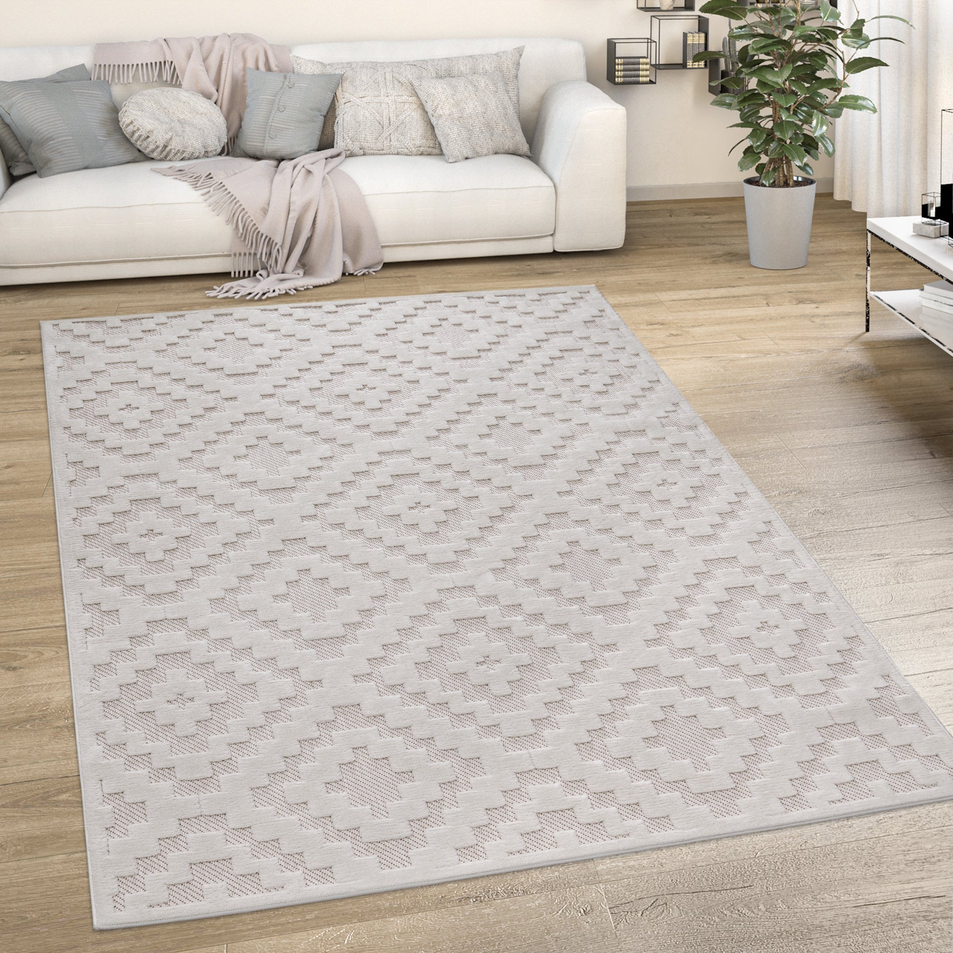 Indoor Outdoor Rug Livorno Trellis High-Low Pattern In Cream-4