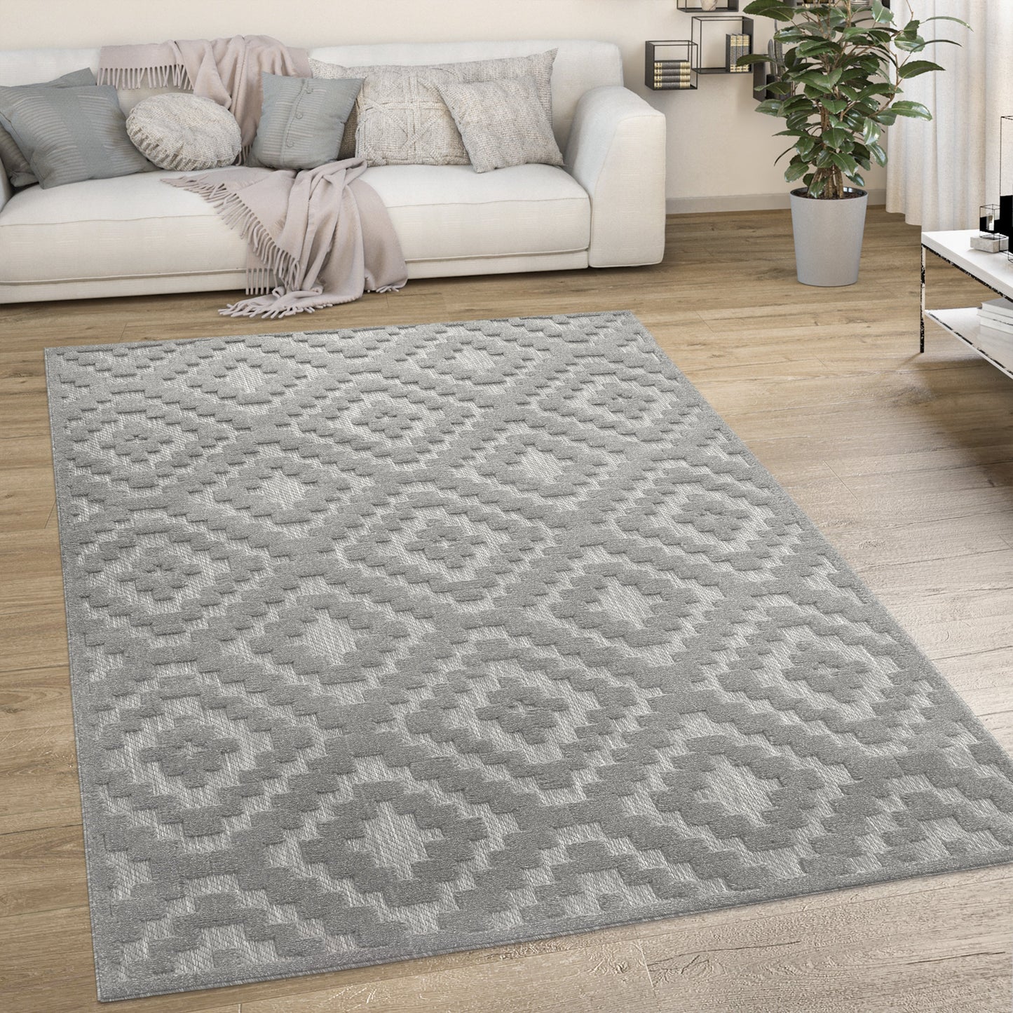 Indoor Outdoor Rug Livorno Trellis High-Low Pattern In Grey-4