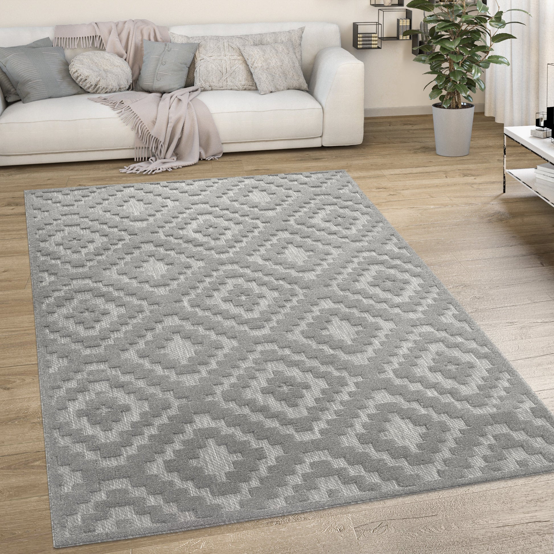 Indoor Outdoor Rug Livorno Trellis High-Low Pattern In Grey-4