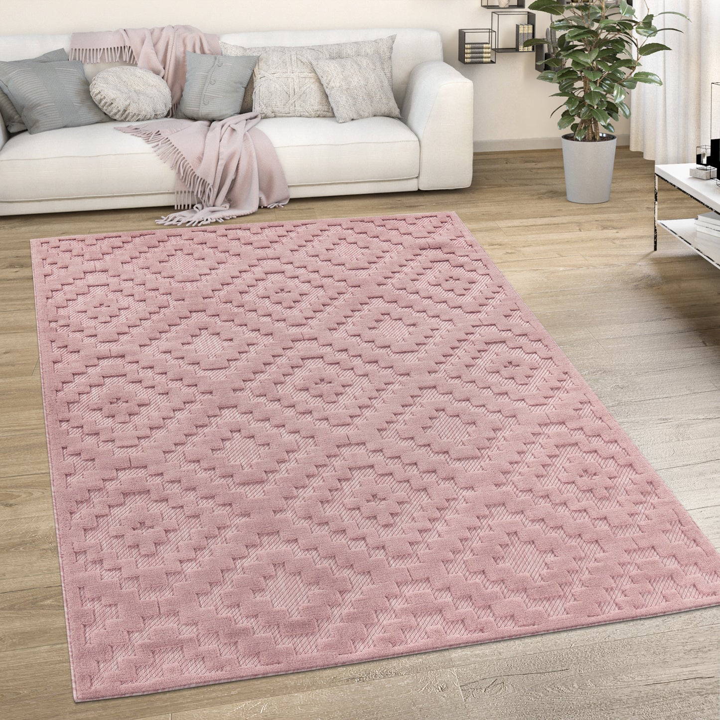 Indoor Outdoor Rug Livorno Trellis High-Low Pattern In Pink-4