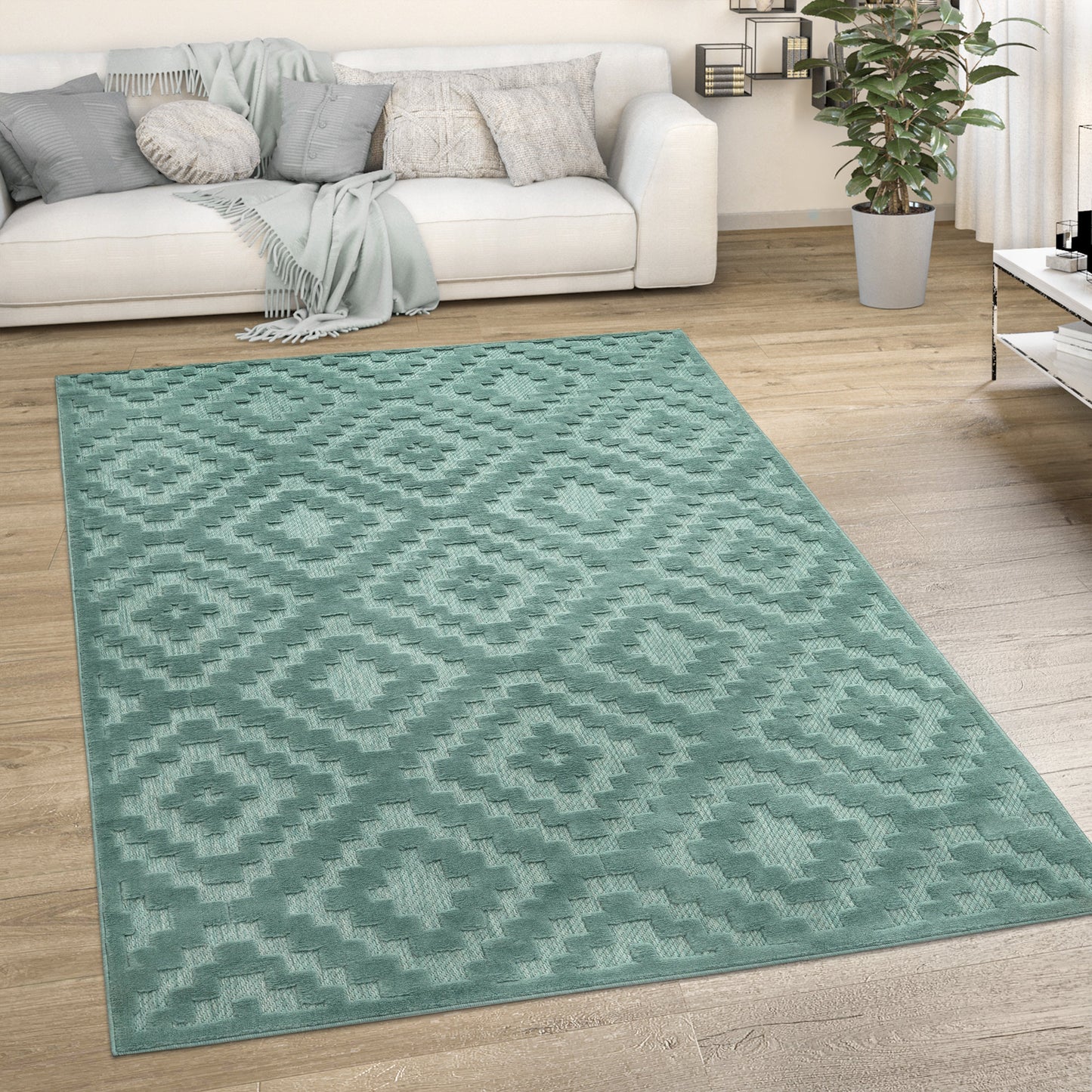 Indoor Outdoor Rug Livorno Trellis High-Low Pattern In Turquoise-4