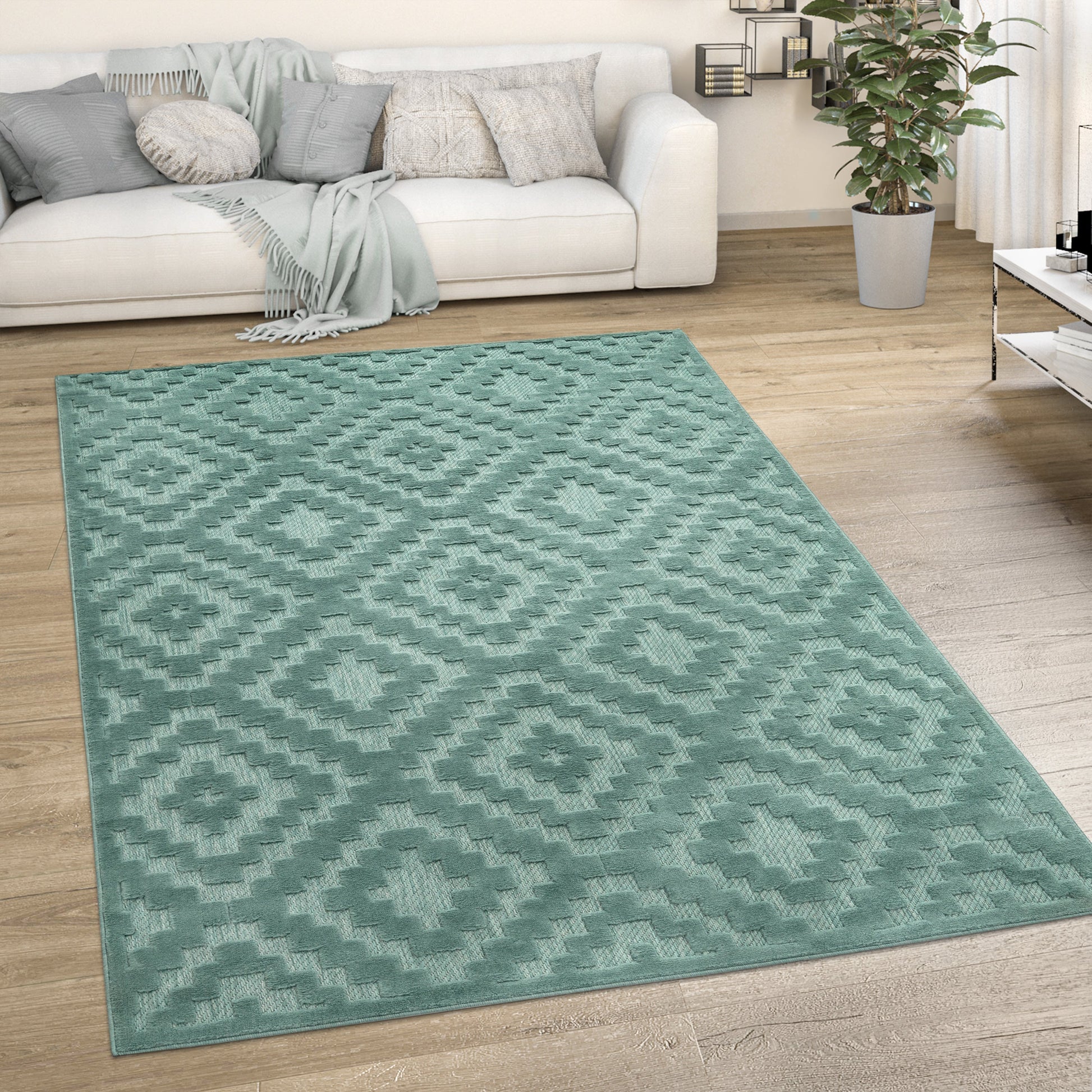 Indoor Outdoor Rug Livorno Trellis High-Low Pattern In Turquoise-4