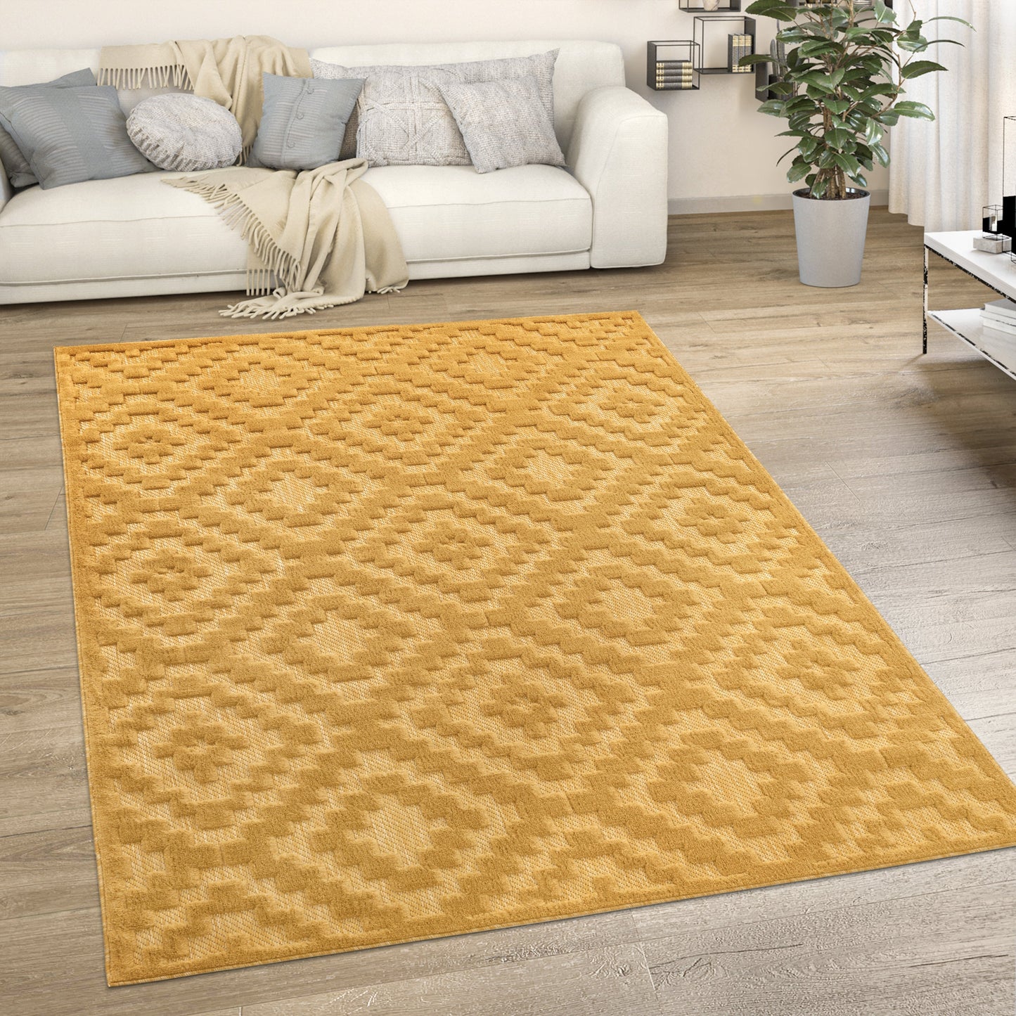 Indoor Outdoor Rug Livorno Trellis High-Low Pattern In Yellow-4