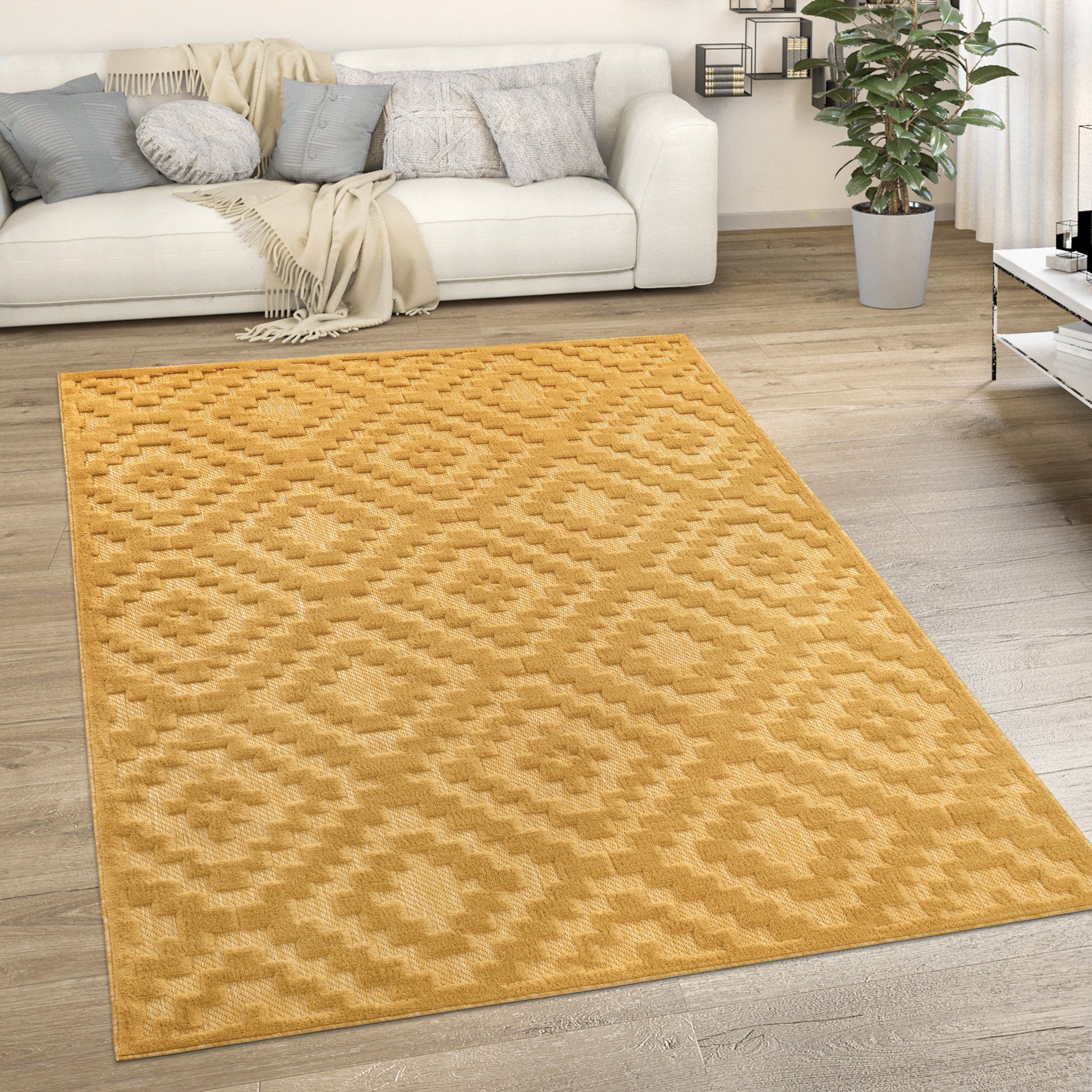 Indoor Outdoor Rug Livorno Trellis High-Low Pattern In Yellow-4