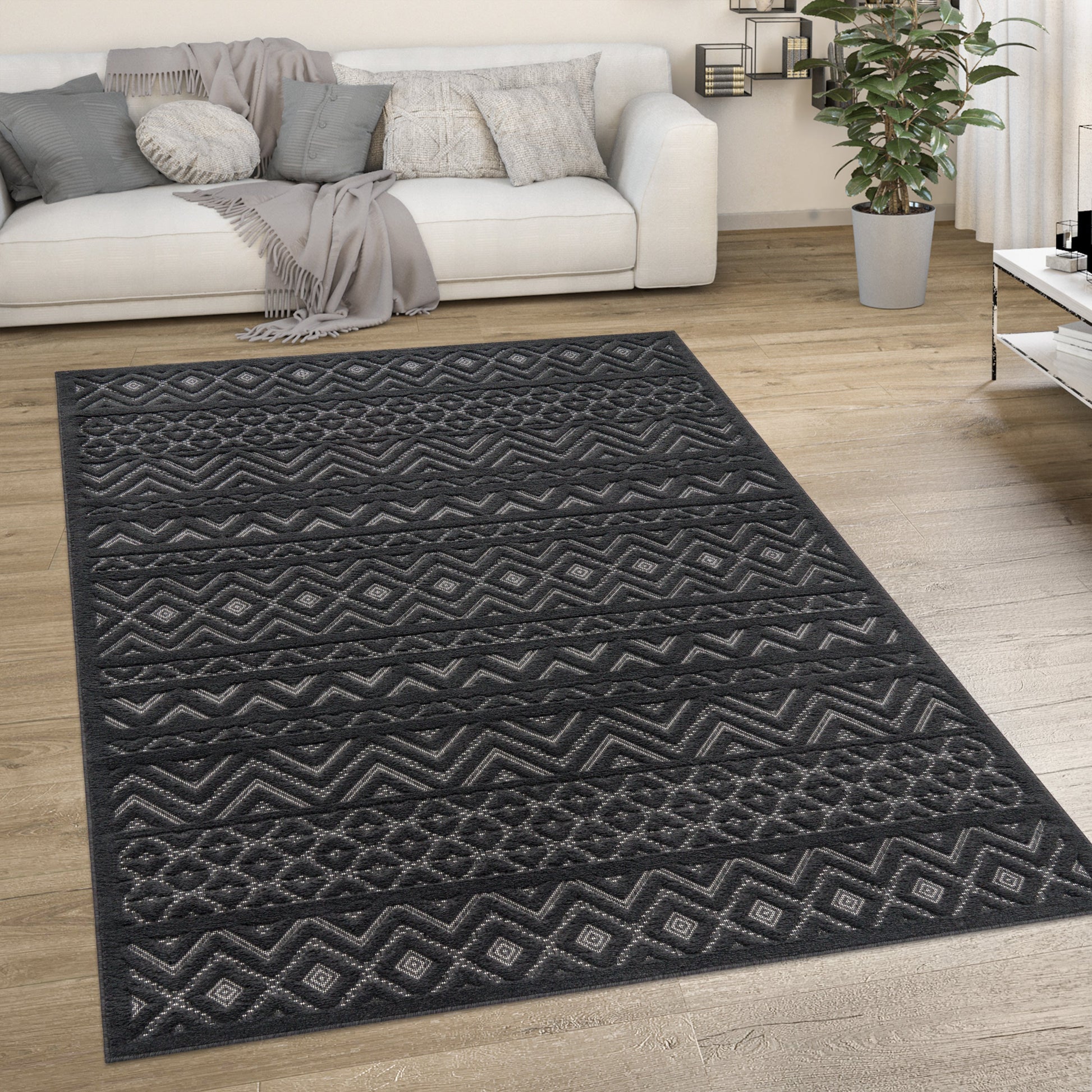 Indoor Outdoor Rug Livorno Boho High-Low Pattern In Anthracite-4