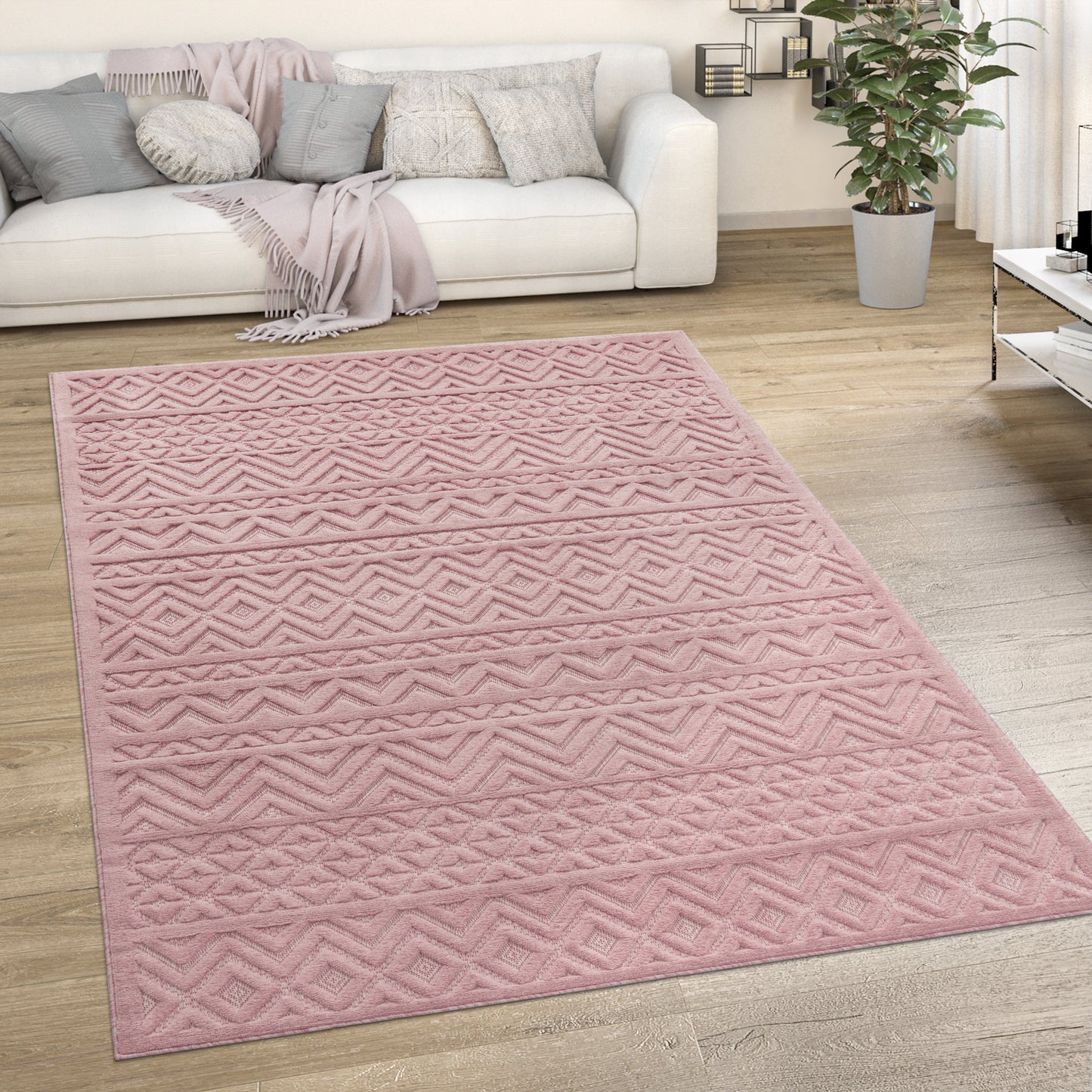 Indoor Outdoor Rug Livorno Boho High-Low Pattern In Pink-4