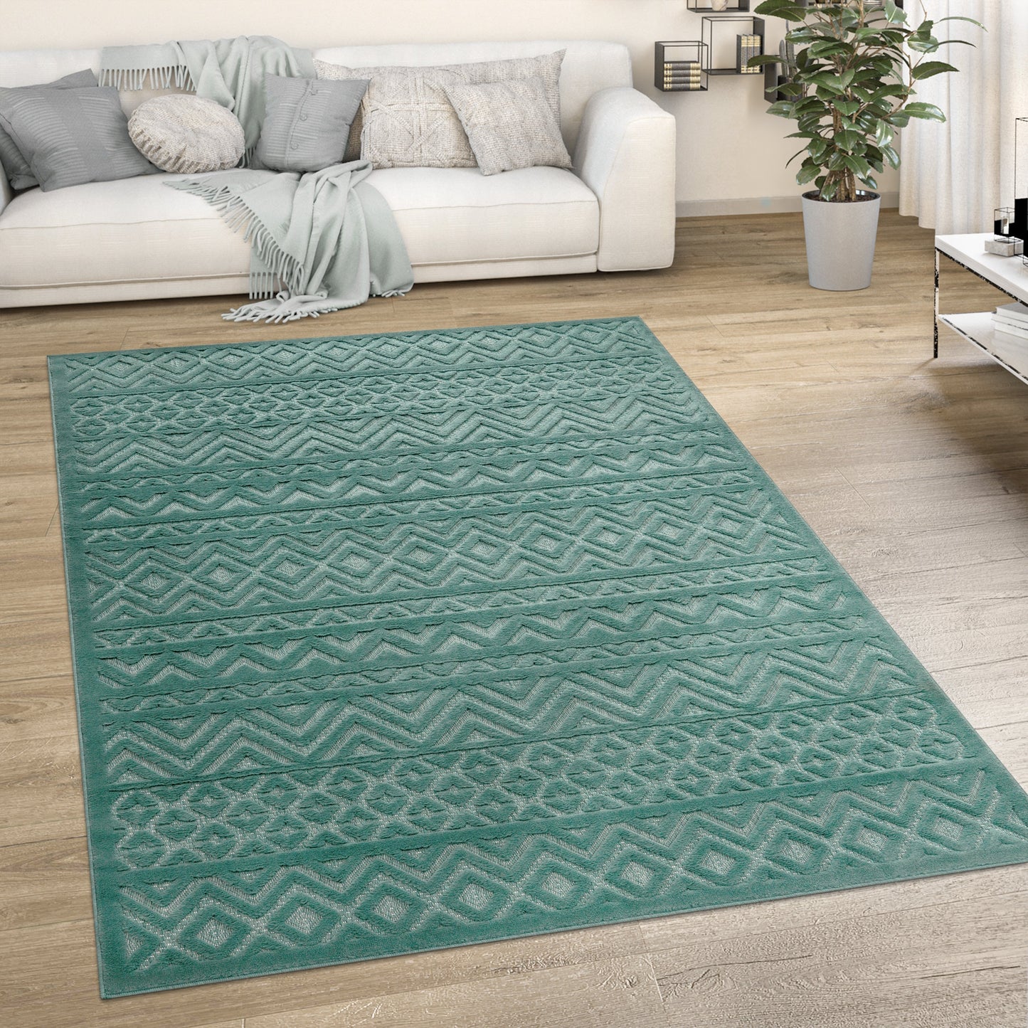 Indoor Outdoor Rug Livorno Boho High-Low Pattern In Turquoise-4