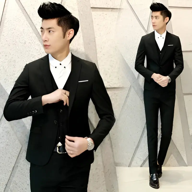 Textured Black Tailored Men’s Suit Three-Piece