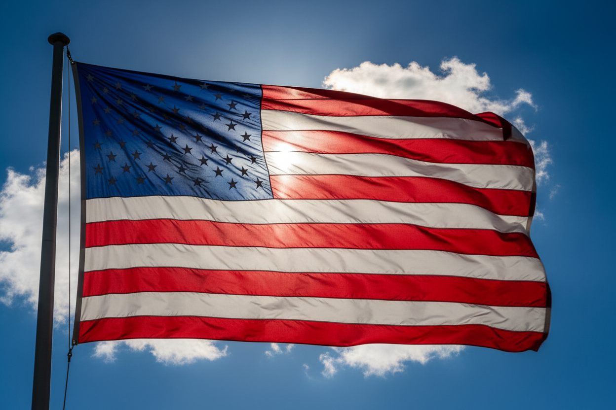 American flag waving against a blue sky with some clouds