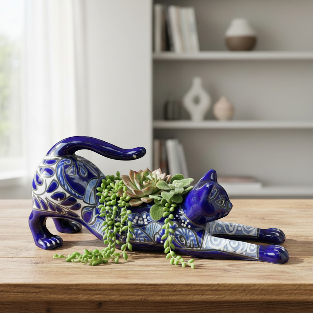 Hand-Painted Blue Talavera Stretching Cat Planter | Mexican Folk Art Decor