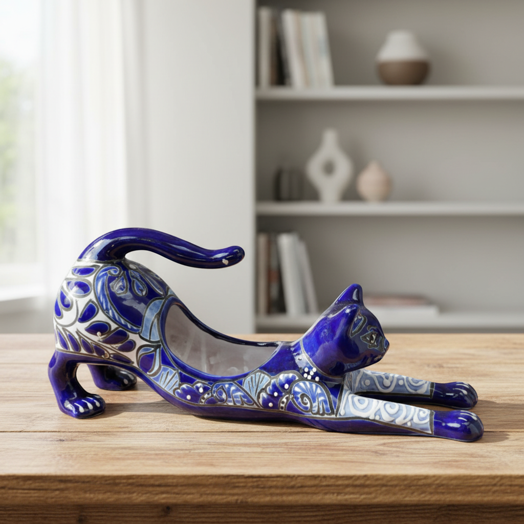 Hand-Painted Blue Talavera Stretching Cat Planter | Mexican Folk Art Decor