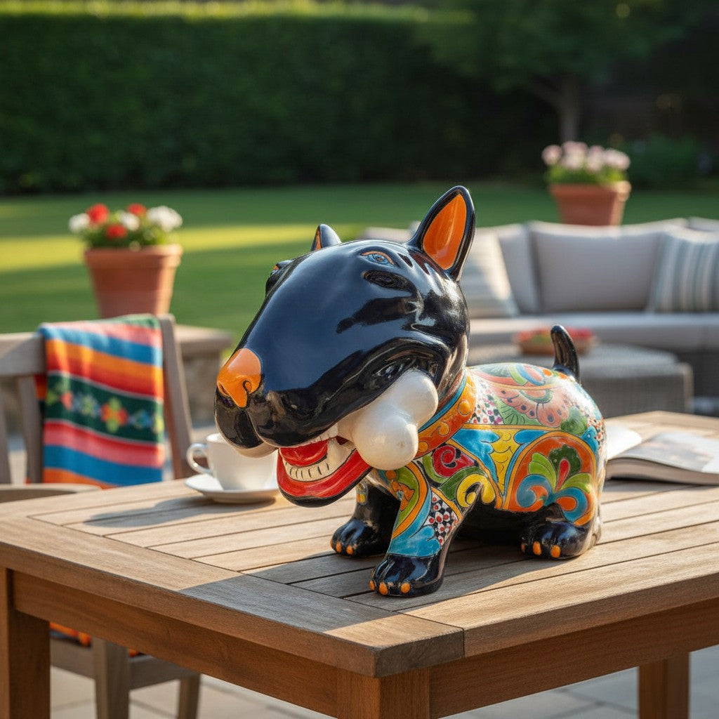 Talavera Bull Terrier Decor | Hand-painted Ceramic Dog with Bone (Extra Large)