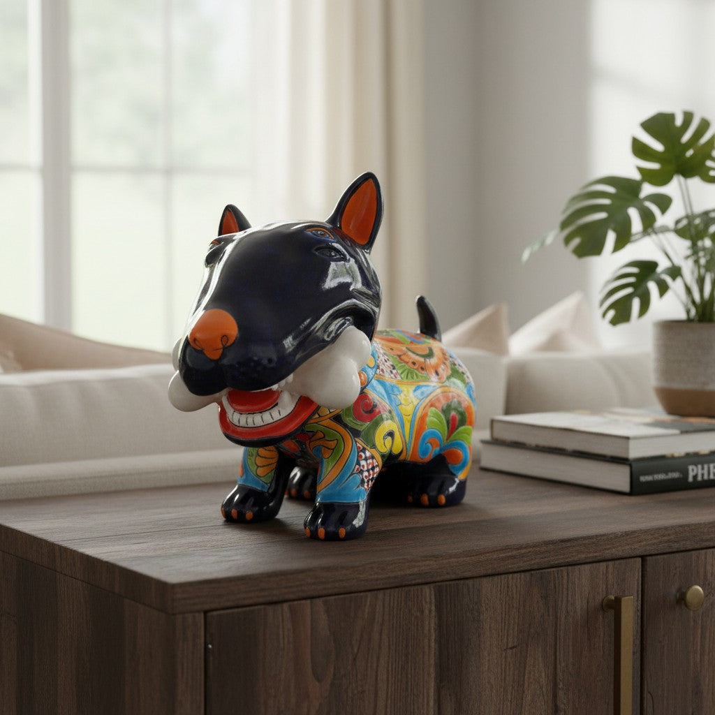 Talavera Bull Terrier Decor | Hand-painted Ceramic Dog with Bone (Extra Large)