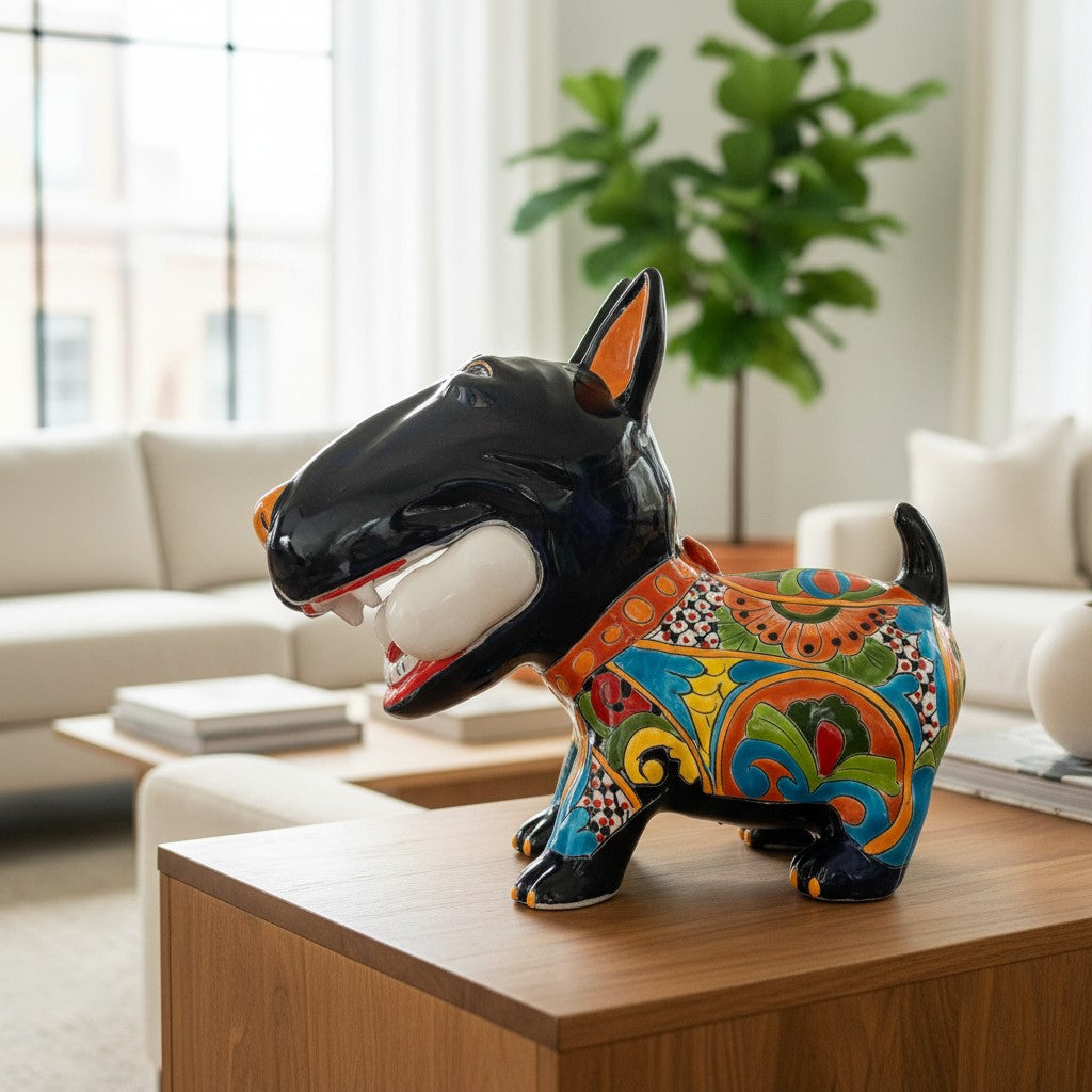 Talavera Bull Terrier Decor | Hand-painted Ceramic Dog with Bone (Extra Large)