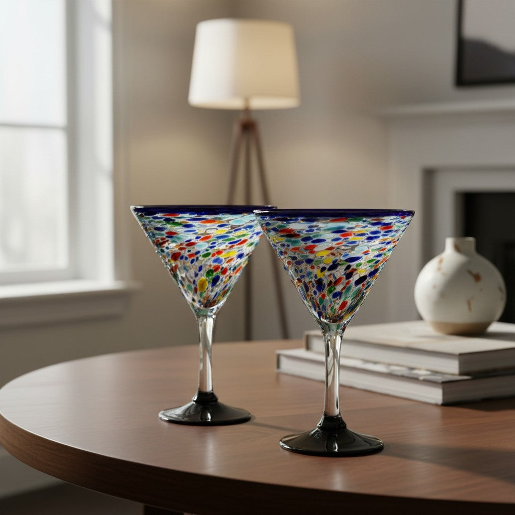 Confetti Rock Martini Glass with Blue Rim | Hand-Blown Mexican Barware